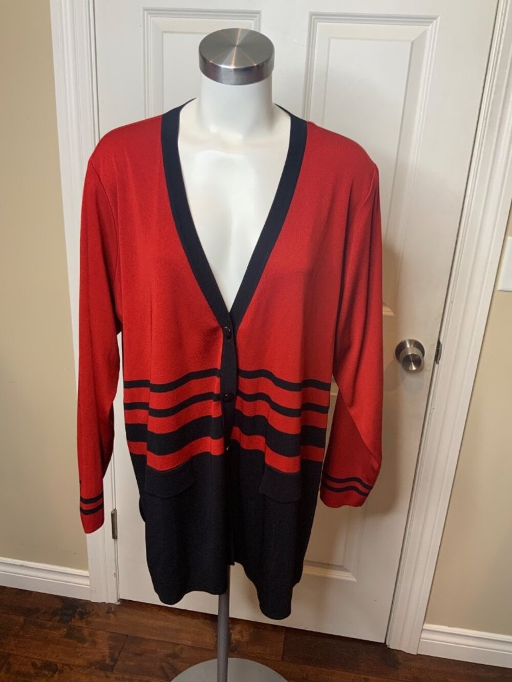 Exclusively Misook Red & Black Striped Button-Up Cardigan, Size 3X